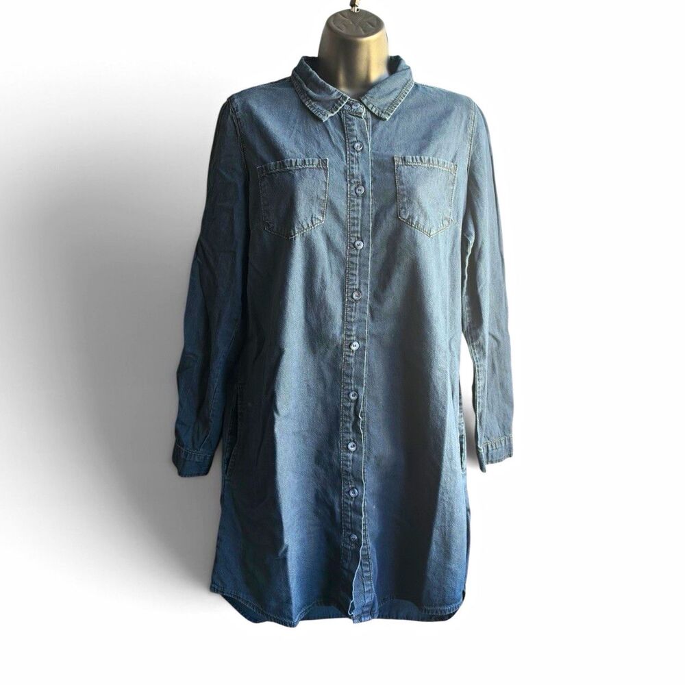 American BAZI Chambray Denim Shirt Dress Women’s L Button Front Collared Pockets